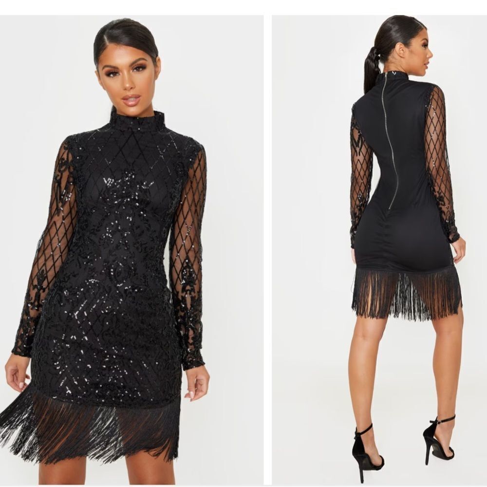PrettyLittleThing Black Long Sleeve Sequin Tassel Hem Bodycon Dress Size 2